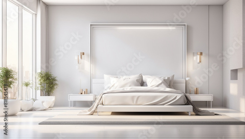  a bedroom with mostly white walls and furniture