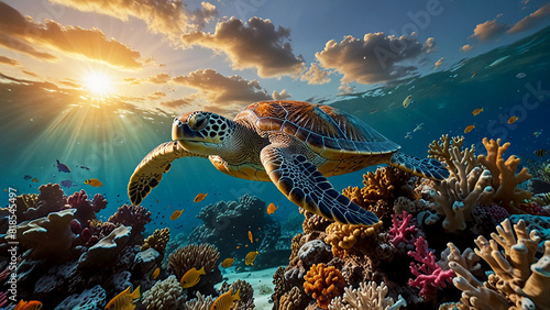 Sea Turtle Resting Among Colorful Coral Formations Imagine a cinematic underwater image of a sea turtle resting peacefully among colorful coral formations photo