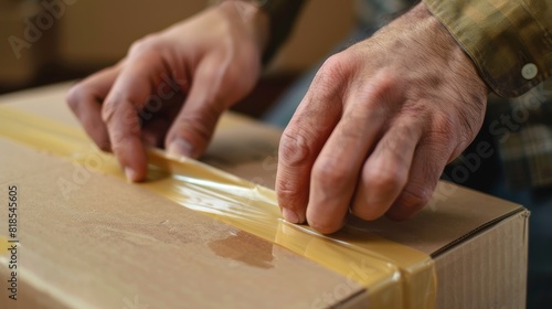 Hands expertly using glue tape to seal a box, detailed close-up showing the smooth application and secured package
