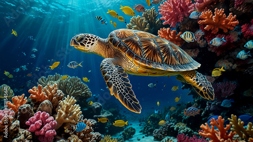 Sea Turtle Resting Among Colorful Coral Formations Imagine a cinematic underwater image of a sea turtle resting peacefully among colorful coral formations