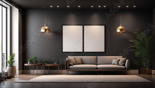 A dark-themed living room with a couch  three empty frames on the wall 