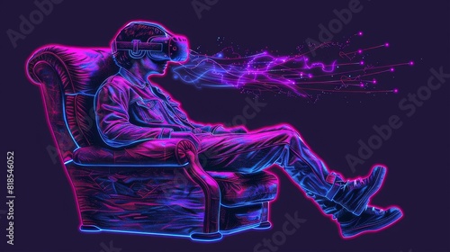 Futuristic Neon Artwork of a Seated Person Immersed in a Virtual Reality Experience, Featuring Vivid Colors and Advanced Technology © Ross