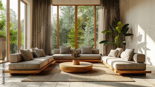 Minimalistic design with curtain, wooden slats and grey sofa