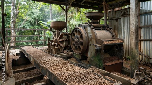 Giant coffee beans mill powered by water wheel, intricate historical machinery, cane grinding photo