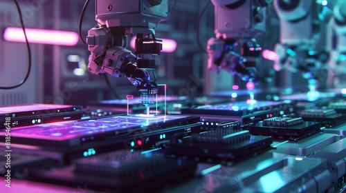 Futuristic electronics manufacturing, capacitors assembly line with holographic displays and robotic arms, deep focus