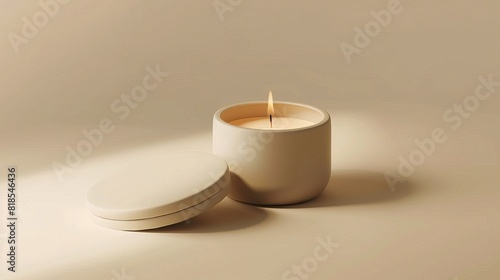 Single Beige Candle on Pink Surface, Spa and Relax Mockup with Copyspace