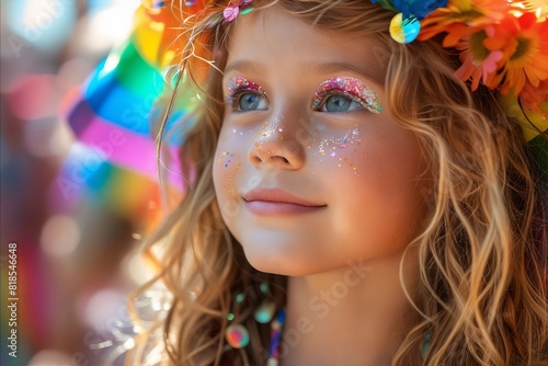 A little girl with colorful makeup and a rainbow headband.