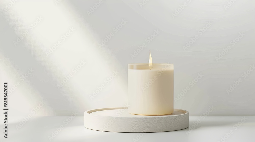 Single White Candle on Modern Stand, Spa Mockup with Copyspace for Minimalist Relaxation Single White Candle on Modern Stand, Spa Mockup with Copyspace for Minimalist Relaxation