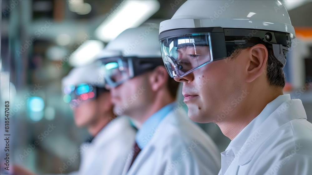 A group of scientists wearing protective gear. A group of scientists wearing protective gear.