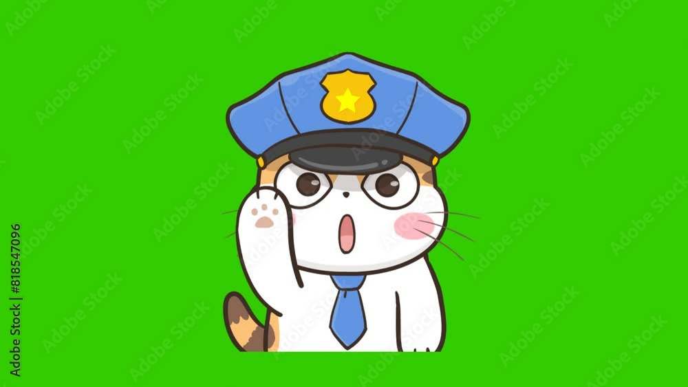 Animated Police Cat Saluting on Green Screen Animated Police Cat Saluting on Green Screen