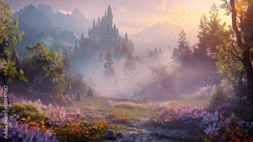 Fairy-tale forest at dawn, magical mist rising from the ground, vibrant flora, and a hidden castle in the distance