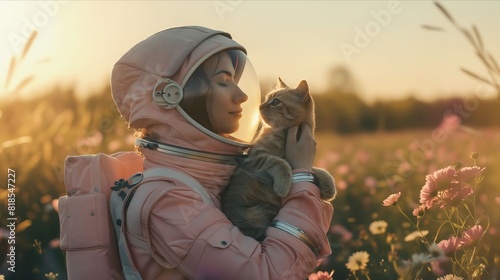 A woman in pink spacesuit holding a cat in a field. photo