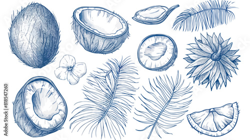 Bundle of drawings of whole and split coconut 