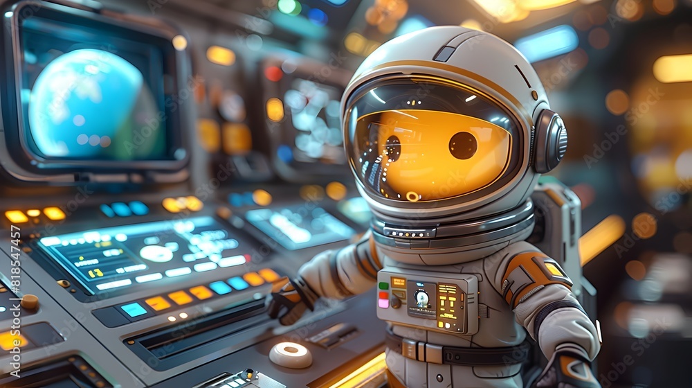 Astronaut in Futuristic Spacecraft Control Room Exploring the Cosmos