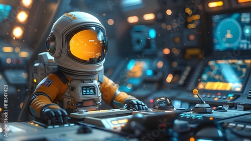 Futuristic Spaceman Operating Spacecraft Control Panel in Sci Fi Cockpit © LookChin AI