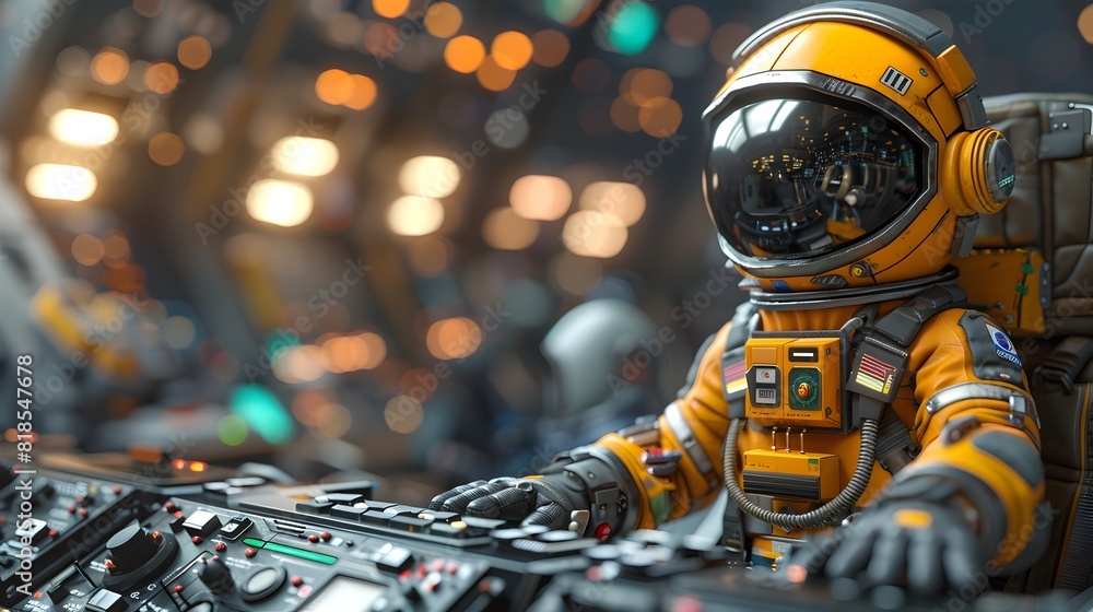 Astronaut in Futuristic Rocket Control Room Operating Advanced Spaceship Instruments Astronaut in Futuristic Rocket Control Room Operating Advanced Spaceship Instruments