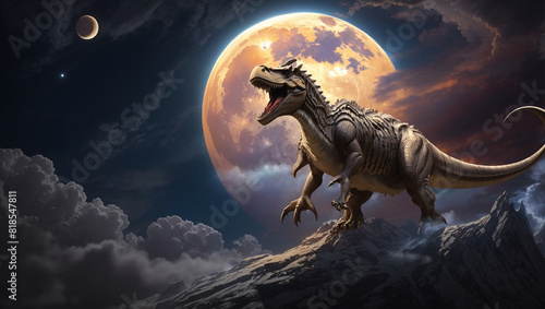 a person riding a dinosaur. The person is wearing a white robe and has long hair and a beard. The dinosaur is brown and has sharp teeth. They are both in front of a full moon.