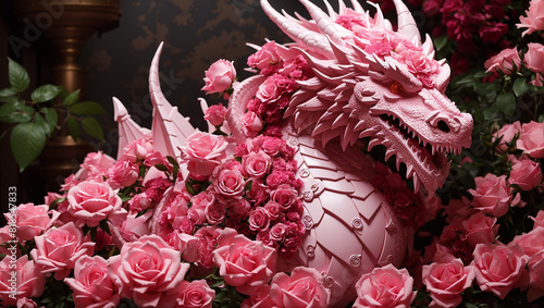 A pink dragon is sitting on a bed of pink roses.  photo