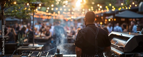 What kind of music is playing on stage at a bustling outdoor grilling event, and how does it enhance the overall ambiance photo