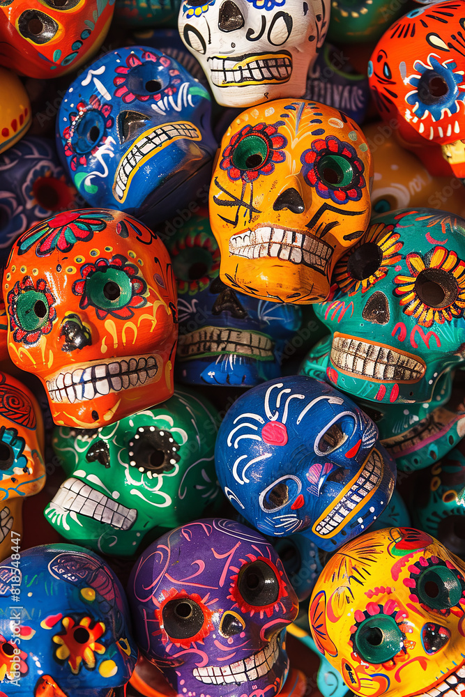 Colorful pattern of Day of the Dead sugar skulls, representing the Mexican tradition and festival