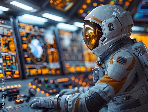 Astronaut Controlling Spacecraft in Futuristic Rocket Command Center