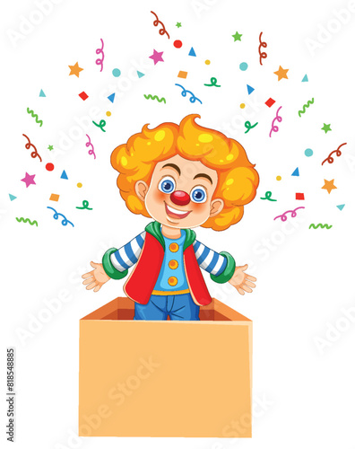 Colorful clown emerging from a surprise box