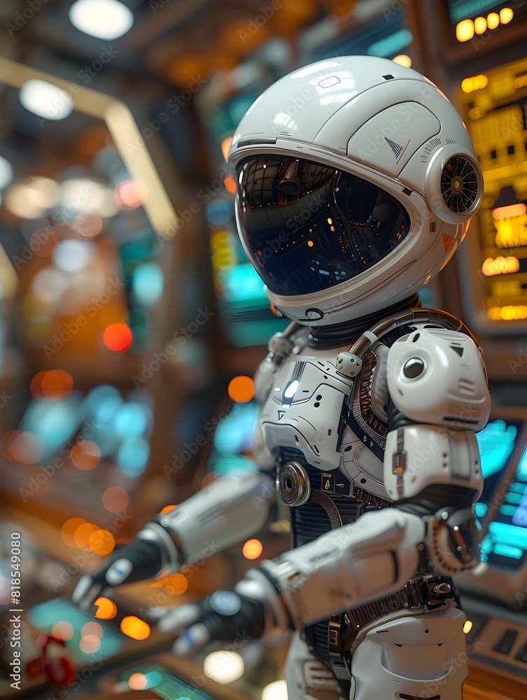 Futuristic Spaceman Operating Advanced Spacecraft Control Console in Sci Fi Cockpit Environment Futuristic Spaceman Operating Advanced Spacecraft Control Console in Sci Fi Cockpit Environment