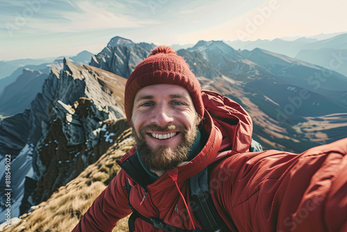 Young hiker taking a selfie on a mountain top, radiating happiness and a love for outdoor adventures photo