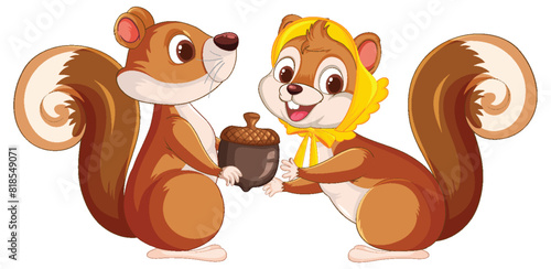 Two cartoon squirrels exchanging a large acorn