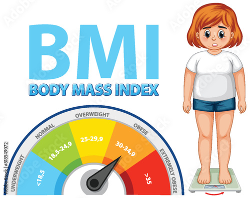 Girl standing on scale with BMI chart
