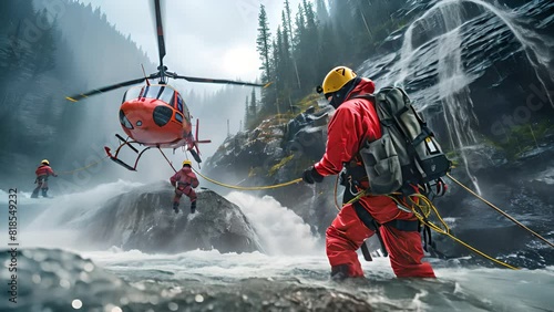 The Rescue teams saving Flood victim. Flood diaster.