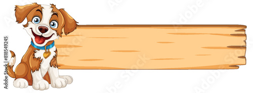 Cheerful dog beside blank wooden sign
