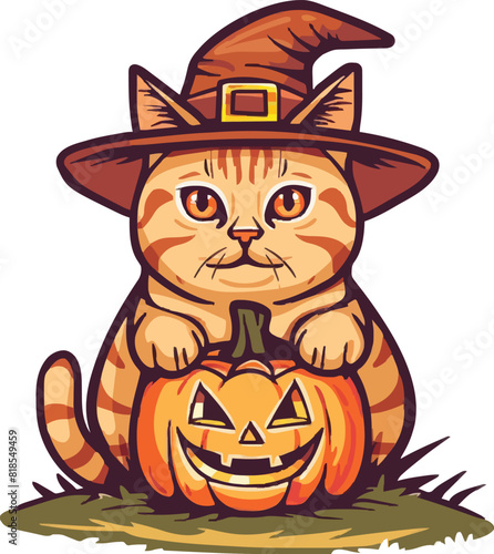 pumpkin cat. Collection kiiten with pumkin. Fuuny pets. Happy halloween. Scary print for design. Vector illustration on white background.