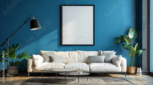 Frame mockup, ISO A paper size, modern bedroom with Blue walls, black floor lamp and coffee table, two cream colored sofas. Generative AI photo