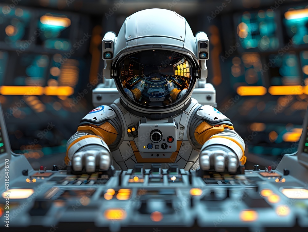 Astronaut Pilot Navigates Futuristic Spacecraft Control Room with Computerized Interfaces and High