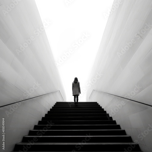 Woman ascending modern architectural stairs with monochrome filter. Young people standing at staircases and prepare for walking to office or workplace. Minimalist and conceptual design. AIG35.