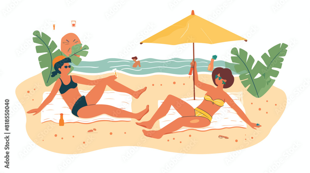 Cartoon people sunbathing on beach in bikini beachwear