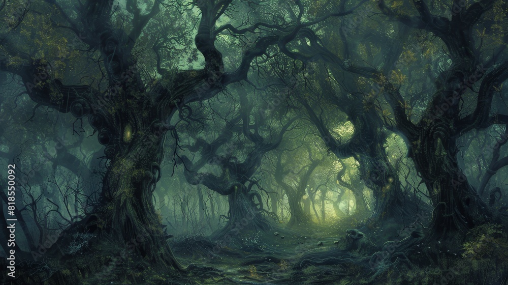 A chilling scene of black trees with twisted trunks in a spooky forest, ancient pagan spirit glowing with eerie light A chilling scene of black trees with twisted trunks in a spooky forest, ancient pagan spirit glowing with eerie light