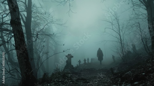 Foggy forest scene with a menacing silhouette on the path, ghostly cemetery appearing through the thick mist photo