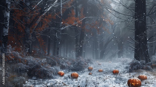 Eerie winter forest scene with dark orange pumpkins and dense fog, creating a spooky, otherworldly ambiance
