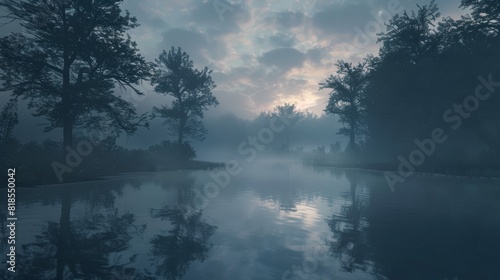 Foggy pond with cloud reflections, surrounded by silhouetted trees, creating a mysterious and atmospheric countryside evening
