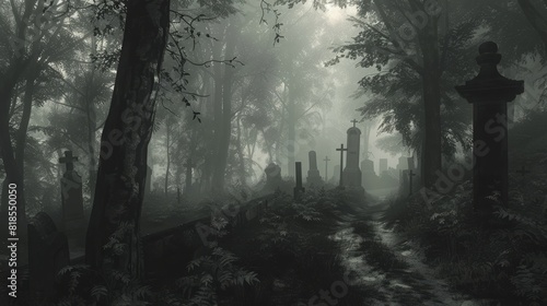 Foggy forest scene with a menacing silhouette on the path  ghostly cemetery appearing through the thick mist