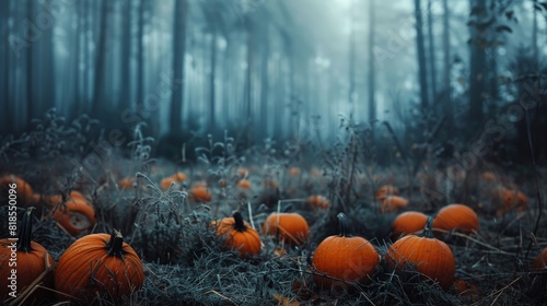 A chilling winter evening with dark orange pumpkins and thick, moody fog in a spooky forest, evoking a sense of mystery and fear photo