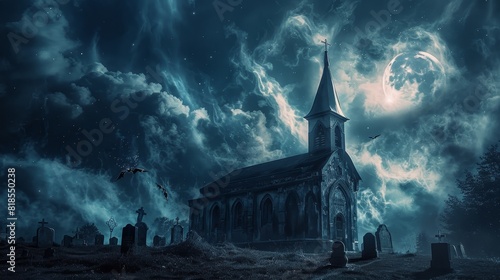 An old, abandoned church under dark, swirling clouds and a moonlit sky, with ghostly apparitions hovering in the cemetery on a spooky Halloween night