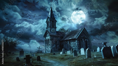 An old church bathed in moonlight, with dark, foreboding clouds overhead and ghostly apparitions haunting the cemetery on a sinister Halloween night photo