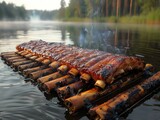 Imagine the juicy tenderness of ribs grilling on a floating grill in the middle of a lake