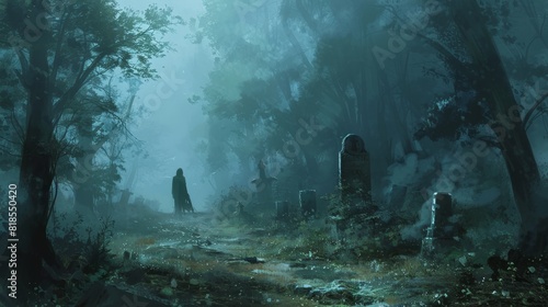 Creepy, dense fog in a forest, shadowy figure standing on the trail, ghostly gravestones barely visible through the mist