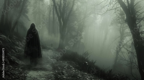 Dark figure haunting a misty forest path, eerie cemetery in the distance, unsettling and chilling ambiance