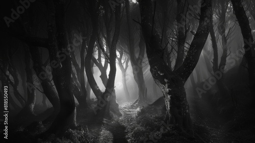 Dark, menacing trees in a spooky forest, haunted by the presence of a mysterious pagan spirit, eerie light filtering through photo