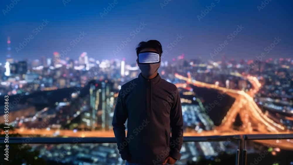 A captivating photograph of a masked man standing on a rooftop, overlooking a sprawling city skyline at night. A captivating photograph of a masked man standing on a rooftop, overlooking a sprawling city skyline at night.
